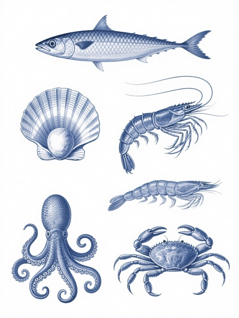 Set of 6 distinct seafood illustrations in detailed blue line art style on pure white background, featuring meticulously hand-drawn crustaceans and fish with precise cross-hatching and stippling tec……预览效果