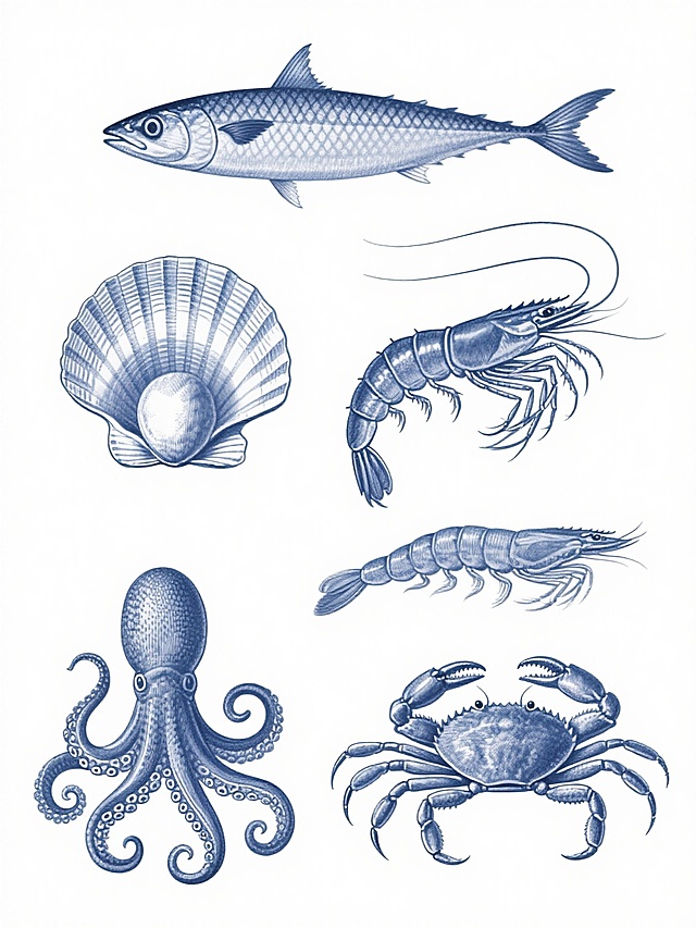 Set of 6 distinct seafood illustrations in detailed blue line art style on pure white background, featuring meticulously hand-drawn crustaceans and fish with precise cross-hatching and stippling techniques, including: 1) Side-facing mackerel with textured scales and fin details, 2) Detailed sea scallop with visible shell ridges and inner muscle, 3) Lateral view of spiny lobster with segmented antennae, 4) Swimming shrimp in mid-motion with curved abdomen, 5) Octopus with coiled tentacles and suckers, 6) Dungeness crab with extended pincers, arranged in clean 2x3 grid layout with consistent spacing, maintaining scientific illustration precision and vintage engraving aesthetic, no text or logos, isolated elements with fine line weights and organic texture rendering.