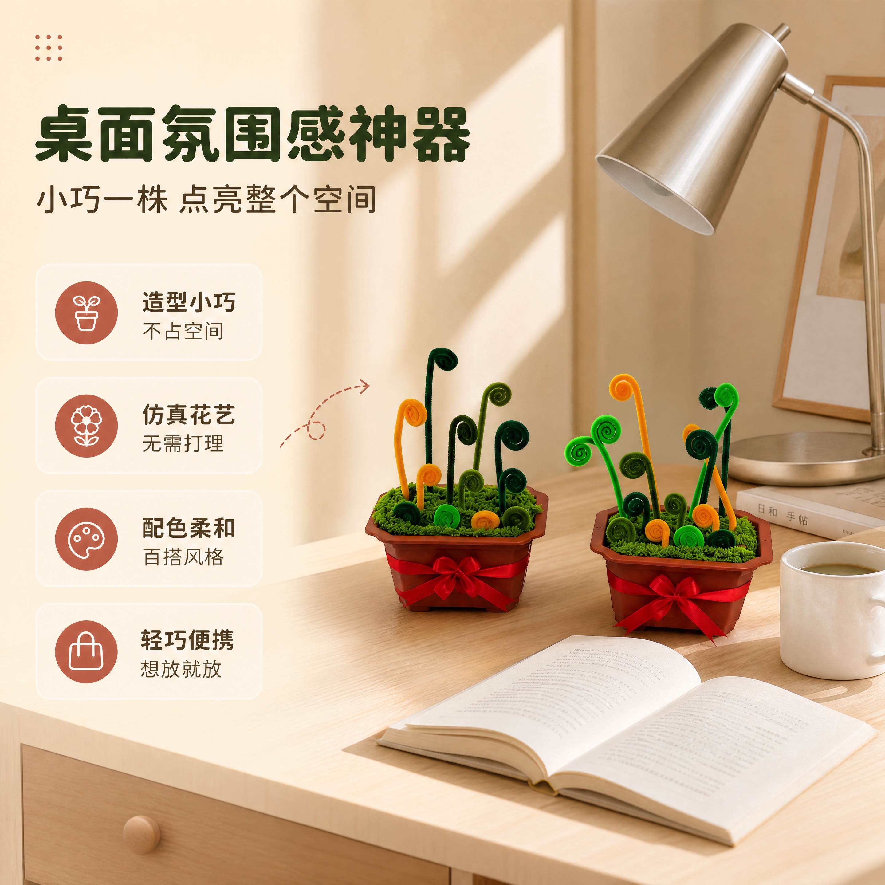 [商品] 使用【图2】双盆卷芽呐春红丝带仿真盆栽；保留棕红色方… - 图片创意预览
