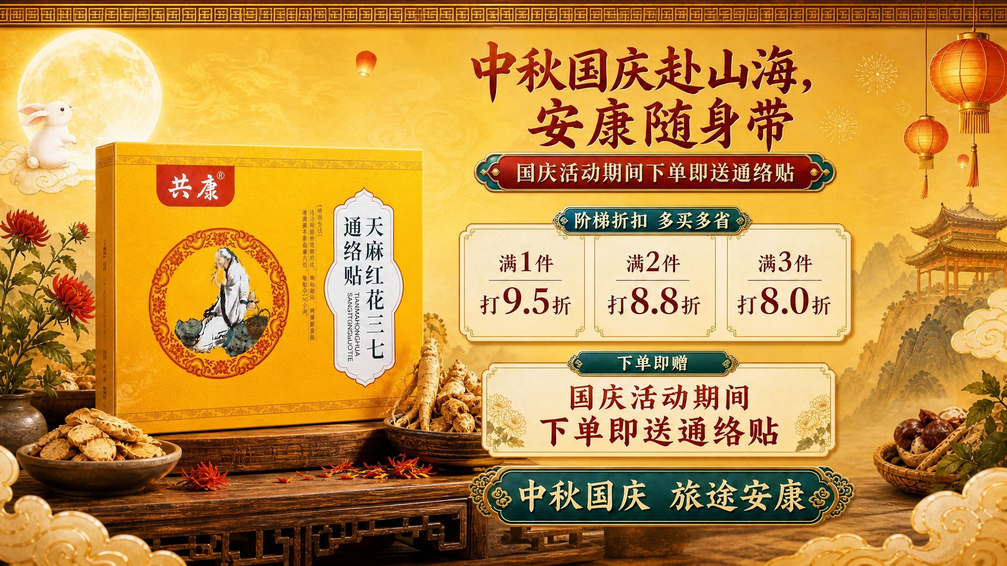 中秋国庆国风促销活动海报，横版16:9。整体风格与上传的竖版海… - 图片创意预览