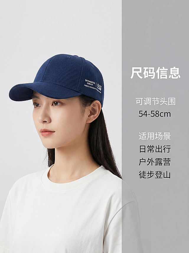 [主图-5] 尺码适用说明图 纯净背景整体展示。
[氛围风格] 简约干净，统一整体展示风格。
[画质] 商业摄影质感、光线柔和通透、产品清晰真实、画面干净高级。
[元素] 同一位亚洲女模特佩戴深蓝色棒球帽站立展示整体佩戴效果，保持帽子外观颜色材质logo与原图完全一致，纯净浅灰色背景，左侧人物展示，右侧融合式信息区，不生硬分割，信息直接排版。
[光影] 均匀柔和影棚布光，清晰展示整体廓形。
[配色] 主体深蓝色帽子，浅灰色背景，简洁干净配色。
[视角构图] 全身中景平视，人物完整居中。
[文字版式] 右侧信息区，主标题「尺码信息」，然后分栏说明：可调节头围 54-58cm，适用日常户外多种场景，下方排列适用场景标签：日常出行、户外露营、徒步登山，简洁排版不加色块底。
[比例分辨率] 3:4比例，2k分辨率，文字清晰可辨，超高清。
[负向提示词] 变形，水印，文字错乱，产品图模糊，背景杂乱，文字遮挡主体