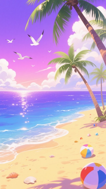 高饱和渐变色彩的梦幻海边场景，清澈透亮的海水呈现出深邃的蓝紫色调，与金黄色的细腻沙滩形成鲜明对比，天空被染成粉紫色渐变，点缀着蓬松的白色云朵和几只展翅飞翔的海鸥，近处几棵高大的绿色椰子树向海面倾斜，枝叶在风中轻轻摇曳，阳光透过云层洒下柔和的光束，海面波光粼粼，沙滩上散落着彩色的沙滩球和贝壳，整体画面充满浪漫唯美的夏日氛围，光影效果通透自然，色彩和谐且富有层次感，呈现出插画风格的视觉美感。预览效果