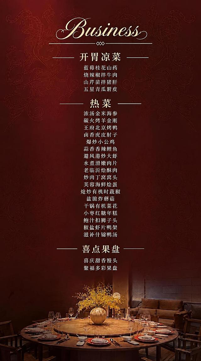 将顶部主标题"Business"改为优雅的花体英文字体，带有一点点花体装饰感，精致高级，不要过于花哨。其余中文菜单内容保持不变，纯色金色字体，整体排版和背景保持原样。