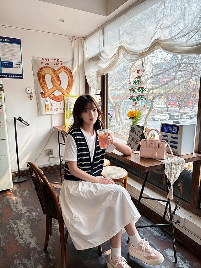 竖幅3:4手机原生室内纪实人像，年轻东亚甜妹，棕褐色中长卷发，坐在治愈系咖啡馆窗边木椅上，单手举一杯粉色果饮看向镜头，清新温柔少女气质。身穿黑白条纹针织假两件短袖上衣，外层V领针织开衫，内搭白色圆领短袖，面料为细腻透气针织冰丝面料，清晰可见针织纱线肌理，织物带有细微网眼纹理，柔软垂顺。下装白色大摆茧型中长半裙，高腰松紧腰头，裙长至小腿中部，裙身蓬量饱满呈茧型弧度，裙身中下位置带有一条横向分割缝线，宽大圆润裙摆自然垂落，哑光梭织面料，带有柔和自然褶皱。脚上穿着粉白拼接厚底休闲板鞋，浅粉鞋面搭配白色条纹装饰，米白厚橡胶鞋底，鞋子里穿着白色袜子。浅粉色亮面皮质手提小方包，搭配可拆卸斜挎肩带、金属锁扣钥匙挂饰，包放在身侧桌面。背景是治愈系咖啡馆窗边，原木长桌，透光白色纱帘，墙面碱水面包造型装饰挂布，桌面摆放花瓶、平板、共享充电宝，窗外城市街景，白天柔和窗边自然光，温馨治愈小店氛围感，高清写实，完整保留衣物布料纹理细节，真实皮肤质感，自然光影，纪实摄影风格