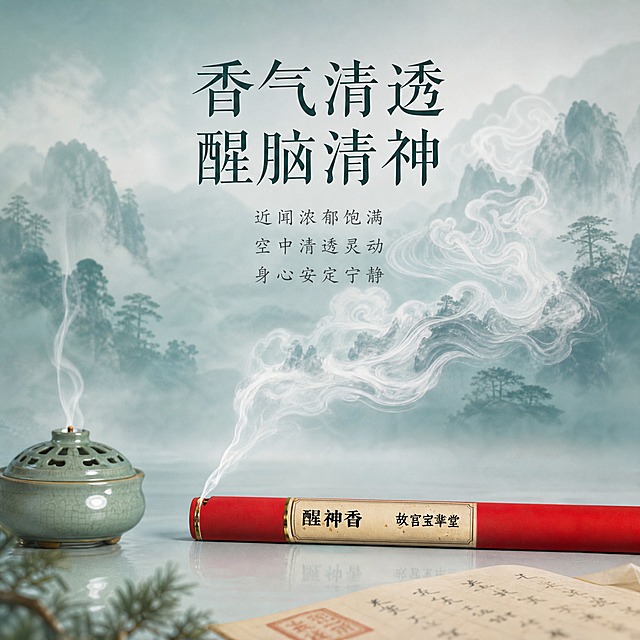 [主图-3] 功效展示 醒脑清神 安定身心 香气意境图
[统一基调] 东方雅致故宫国风 小红书原生氛围感 朱砂红与米白宣纸色为主色调 烫金点缀 宋体标题字 细楷辅助字 金边米白卡片 整体温润高级 有书卷气
[画面] 画面中央偏下位置横放一支红色醒神香管 香管一端有青烟缓缓升起 青烟在空中幻化出淡雅的山水云纹图案 象征清透灵动深邃宁静的香气体验 背景为淡青色渐变 似晨雾中的山林 左下角放一只青瓷小香炉 炉中也有细烟 整体意境悠远 有文人雅士的感觉
[光影质感] 柔和漫射光 青烟通透有层次 香管红色温润 青瓷香炉有釉面光泽 整体朦胧诗意 仙气缭绕 商业摄影与东方画意结合
[配色] 主色淡青色 米白 朱砂红 青瓷色 青烟白灰色 整体清冷雅致
[文字版式] 上方居中主标题香气清透 醒脑清神 大号宋体深青色 下方分三行小字 近闻浓郁饱满 空中清透灵动 身心安定宁静 细楷深灰色 文字飘逸 与青烟意境呼应
[输出要求] 比例1:1 文字清晰可读 产品清晰不变形 无错字 无水印 无平台logo 画面意境优美