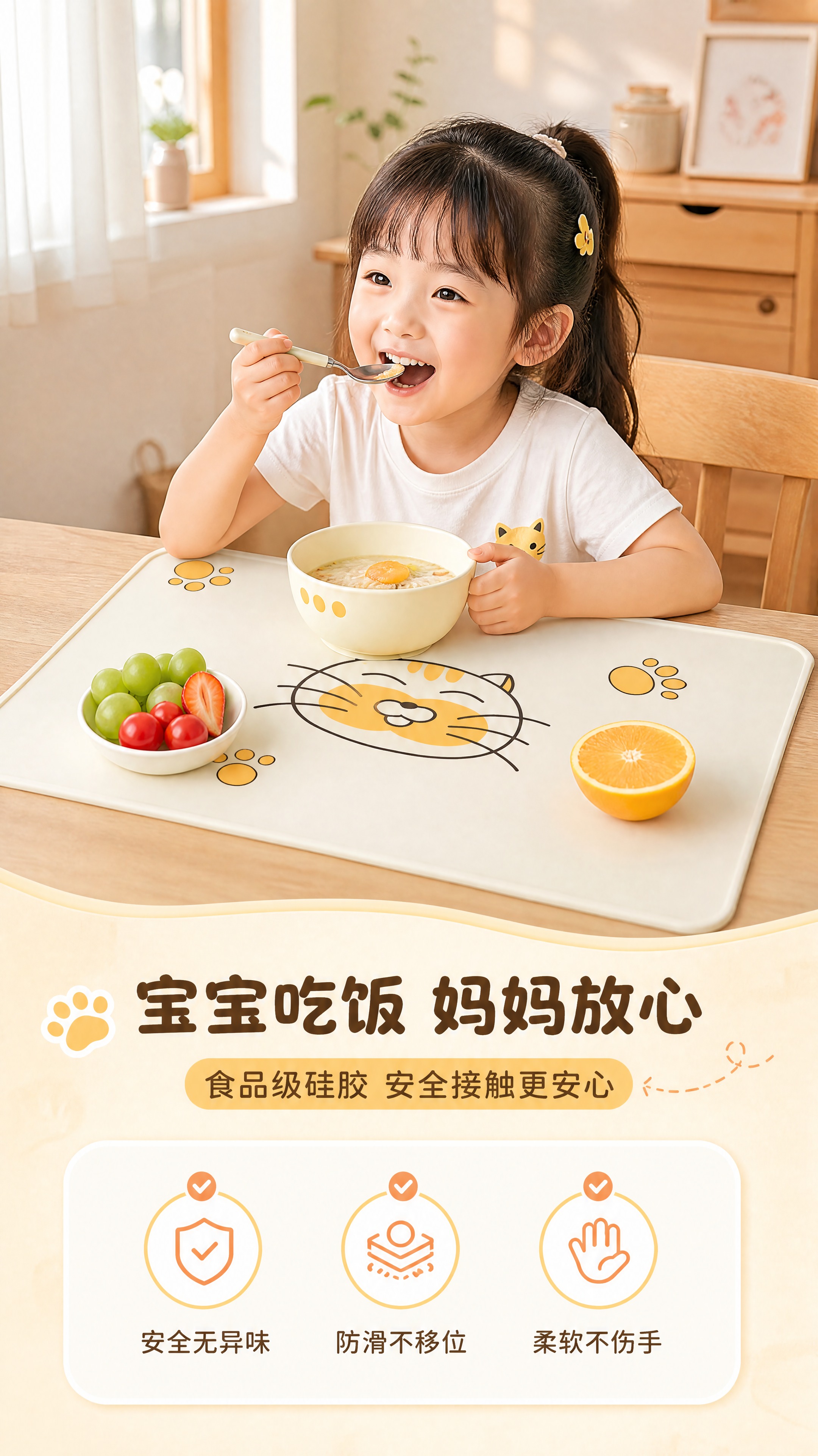 [商品] 使用【图2】幸运猫儿童硅胶餐垫；保留米白色基底、橘色… - 图片创意预览