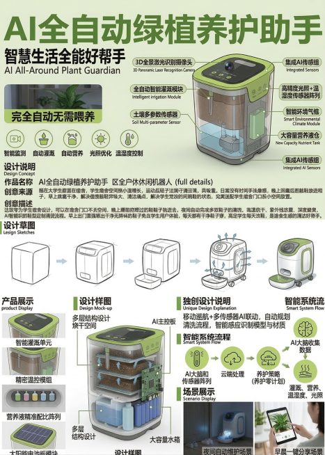 设计产品宣传海报，仿照示例图二的格式排版，主题为AI全自动绿植养护助手，内容包含：作品名称、创意来源、创意描述、设计草图、设计样图、独创设计说明、智能系统流程和场景展示。基于图一的AI绿植养护助手内容预览效果