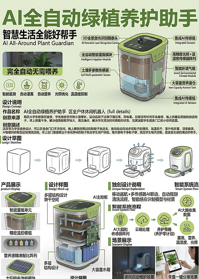 设计产品宣传海报，仿照示例图二的格式排版，主题为AI全自动绿植养护助手，内容包含：作品名称、创意来源、创意描述、设计草图、设计样图、独创设计说明、智能系统流程和场景展示。基于图一的AI绿植养护助手内容进行丰富，突出产品实现绿植完全自动养护，无需主人手动喂养的核心卖点，整体排版清晰，图文排版规整，字迹清晰，图片清晰，风格清爽自然，绿色为主色调。