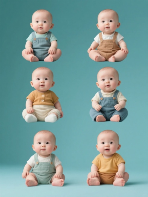 6个不同穿搭的同元素婴儿素材集合，每个婴儿保持相同坐姿、表情和姿态，整体采用纯色背景，画面整体色彩变换，风格统一，元素内容不变，规整排布成系列素材预览效果