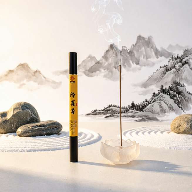 将背景替换为古风简约新中式禅意背景，保留原产品香管与琉璃香座完整不变，画面雅致静谧，暖调柔和光影预览效果