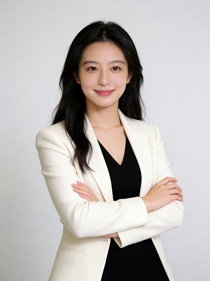 米白色西装温柔抱臂女性职业形象照