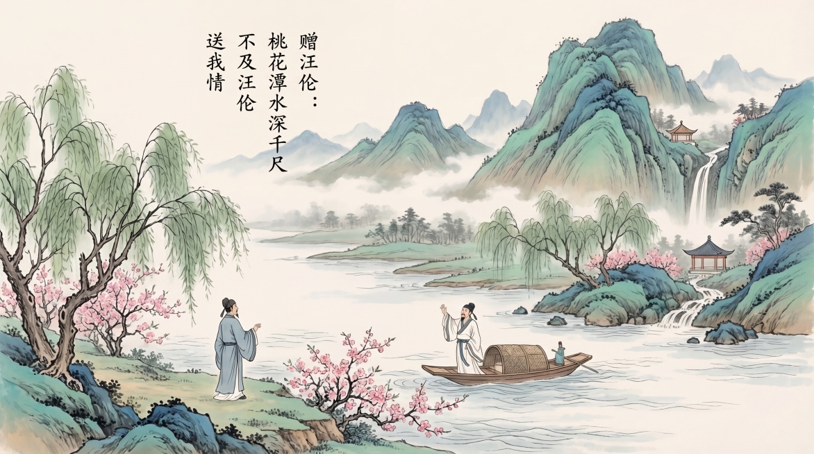李白诗词《赠汪伦》“桃花潭水深千尺 不及汪伦送我情”主题国画插画，沿用参考图中的水墨风格，青绿色山水配色，工笔画技法，古风水墨意境，画面包含桃花潭、青山、送别友人场景，整体配色和晕染风格与参考图一致，预览效果