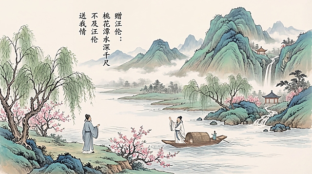 李白诗词《赠汪伦》“桃花潭水深千尺 不及汪伦送我情”主题国画插画，沿用参考图中的水墨风格，青绿色山水配色，工笔画技法，古风水墨意境，画面包含桃花潭、青山、送别友人场景，整体配色和晕染风格与参考图一致，横版构图