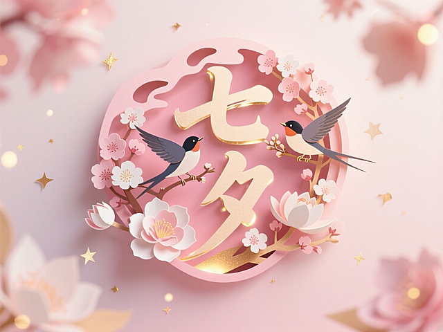 梦幻甜美插画风，剪纸艺术展现七夕浪漫，大字“七夕”点缀其间，节日氛围浓郁。