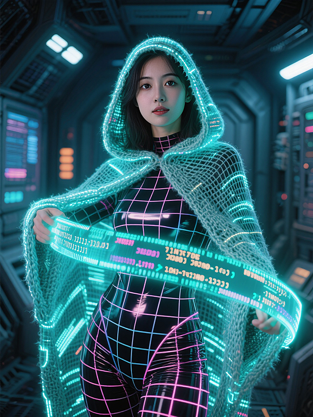 数据流编织成的连帽斗篷，实时滚动着发光代码，搭配霓虹网格紧身衣，黑客空间站场景，数字艺术