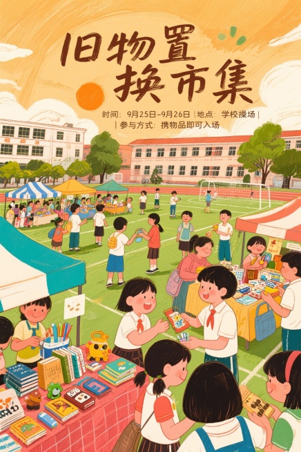 旧物置换市集 活动时间：9月25日-9月26日 地点：学校操场 参与方式：携物品即可入场预览效果