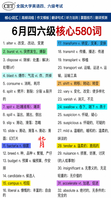 将原图优化处理，保留所有文字内容和原有的颜色高亮标注，生成一张清晰整洁的竖版四六级核心580词图片预览效果