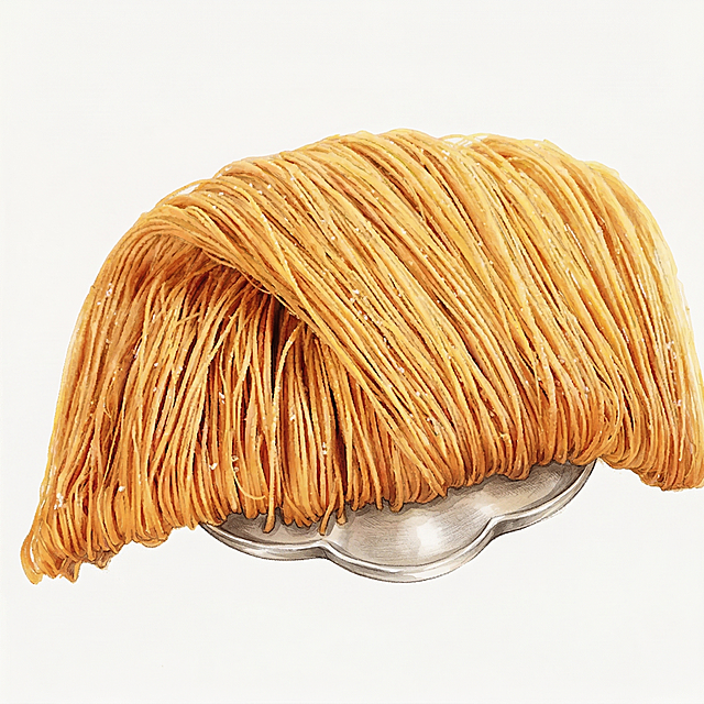 将图中的馓子转化为插画风格，保留食物酥脆金黄的质感，整体画面清新柔和