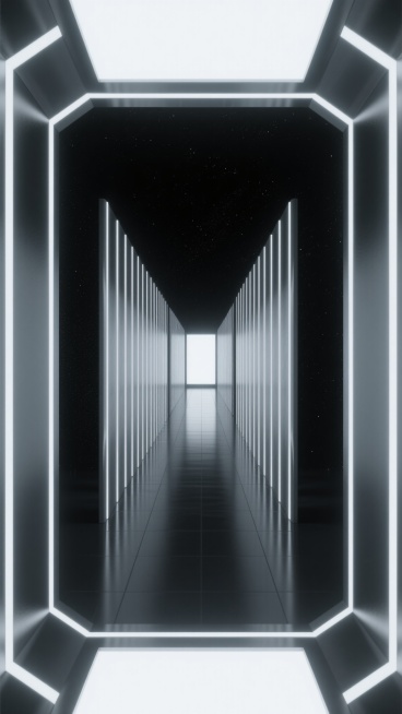 极简主义风格的未来太空舱通道，深邃的宇宙黑色背景，两侧是垂直排列的银色金属条状结构，顶部和底部边缘有柔和的白色冷光照明，地面呈现光滑的深色反光材质，尽头是明亮的光源，营造出神秘而科技感十足的空间氛围，整体色调以黑白灰为主，光影对比强烈，具有强烈的纵深感和未来主义设计感。预览效果