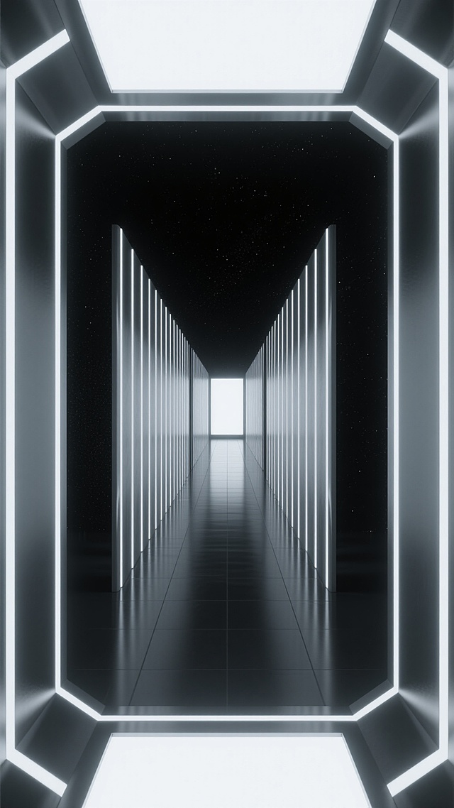 极简主义风格的未来太空舱通道，深邃的宇宙黑色背景，两侧是垂直排列的银色金属条状结构，顶部和底部边缘有柔和的白色冷光照明，地面呈现光滑的深色反光材质，尽头是明亮的光源，营造出神秘而科技感十足的空间氛围，整体色调以黑白灰为主，光影对比强烈，具有强烈的纵深感和未来主义设计感。