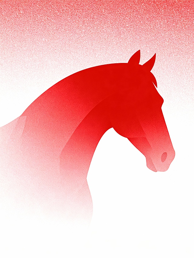扁平渐变的弥散风格，马头部和背部轮廓若隐若现，结构美学，抽象，极简，红色系，精致颗粒感，白底