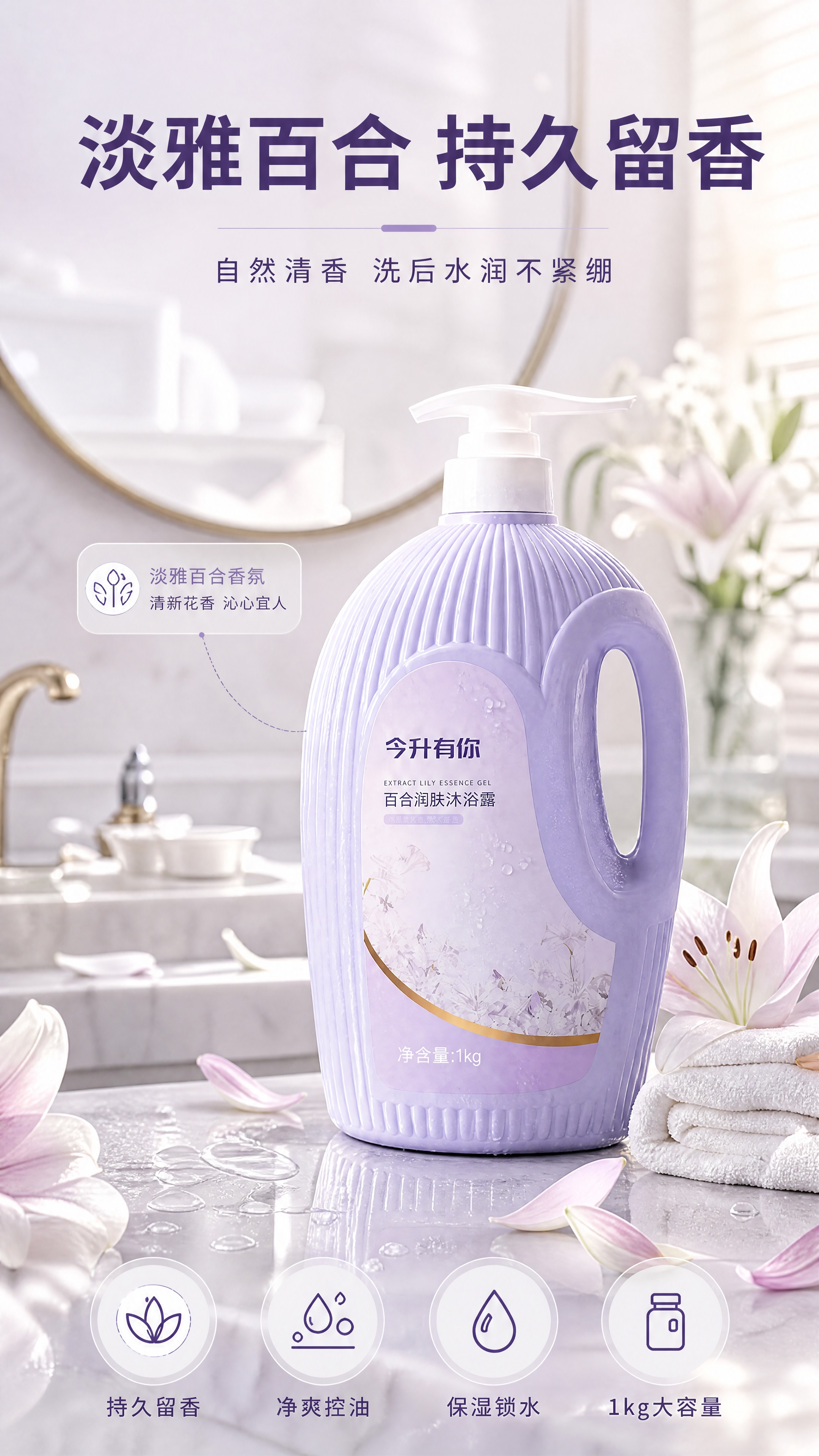 [商品] 使用【图1】的沐浴露瓶身作为产品素材，保留淡紫罗纹圆… - 图片创意预览