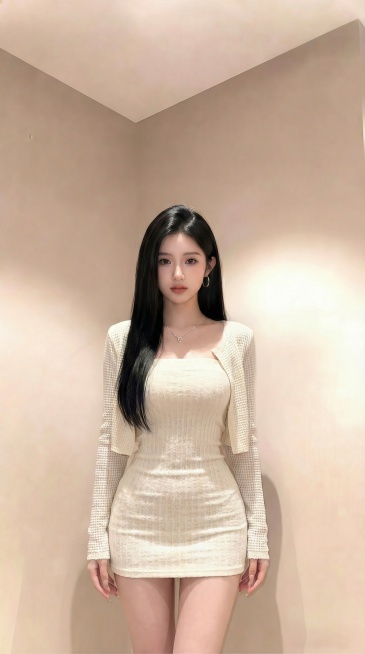 将图一图二的米白色针织抹胸包臀裙+同色系针织开衫穿搭换到图三人物身上，仅换穿搭，去除包包，人物双手自然下垂，脖子佩戴精致项链，调整为模特身材，腰细，身材比例优越，呈现9:16比例的半身画面，真实自然预览效果