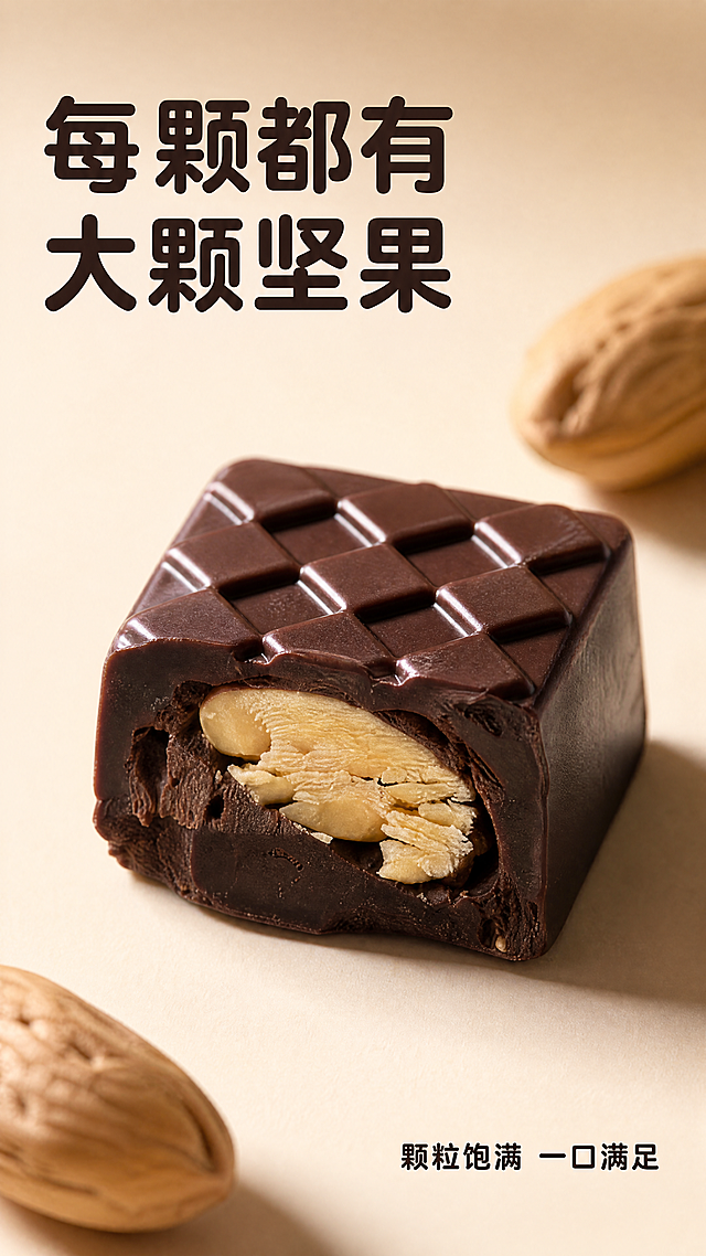[第4屏] 坚果夹心剖面质地特写-格子原巧坚果夹心巧克力
[氛围/风格] 微距特写质感，真实有食欲，突出大颗坚果和层次结构，高级商业摄影
[元素布局] 整屏以切开的巧克力剖面做主体，占画面70%-80%，展示完整大颗坚果嵌在深棕色巧克力中，周围分布细碎坚果碎。保持产品剖面结构、坚果大小位置、巧克力颜色和输入图片完全一致。背景用干净浅棕色渐变，突出主体剖面纹理，周围点缀两颗完整带壳坚果在角落作为装饰
[光影质感] 侧光打亮剖面层次，突出巧克力光滑表皮和坚果颗粒粗糙纹理，形成清晰明暗对比，每一层结构都清晰可见
[配色色系] 全局底色：#F5EFE2（浅棕暖调），延续全套统一底色；主体：深棕巧克力+浅棕色坚果；文字：深棕色
[视角构图] 特写平视角度，主体剖面居中放置，占据画面核心位置，角落少量装饰不抢主体
[文字版式] 画面左上角主标题「每颗都有大颗坚果」，加粗深棕色圆角黑体，字号为画面宽度6%；右下角小字「颗粒饱满 一口满足」，同字体小号深棕色。统一字体为圆角黑体，字色仅深棕色，纯色填充字效，保持全套风格一致
[比例分辨率] 9:16竖版比例，4K分辨率，文字清晰可辨
[负向提示词] 剖面变形，坚果缺失，结构错误，颜色偏差，文字模糊，水印，背景杂乱
