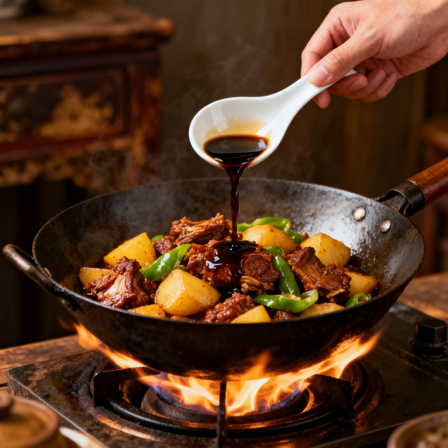 美食摄影，中式厨房烟火气场景，一只手用白瓷汤勺将深褐色酱油淋入锅中，锅里是正在烹饪的红烧排骨与土豆青椒，铁锅下是旺盛的明火火焰，暖黄色侧光，画面充满锅气与食欲感，背景是模糊复古木质家具，特写镜头，色调预览效果