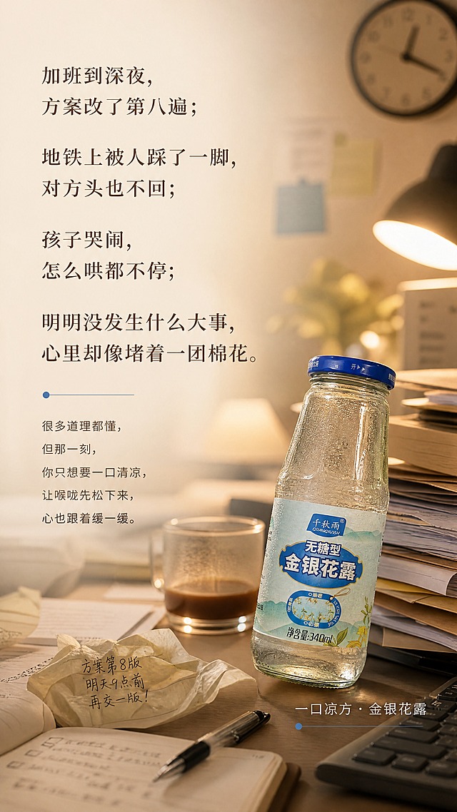[商品] 使用【图1】千秋雨无糖型金银花露玻璃瓶装；保留透明玻璃瓶身、蓝色瓶盖、蓝白标签、"千秋雨"Logo、"无糖型金银花露"字样、340ml净含量文字；瓶身带细密水珠，不改变包装结构。
[画面] 页面目标：情绪痛点场景叙事，引发加班熬夜人群共鸣。竖版构图，产品位于画面右下角，占画面约35%，侧放在文件堆旁。左上及中部大面积留白放正文文案。前景：揉皱的便签纸、笔、翻开的笔记本；中景：金银花露产品、半杯冷掉的咖啡、电脑键盘一角；背景：深夜办公桌虚化，台灯暖光，墙上时钟隐约指向深夜。整体≥3层环境元素，氛围安静略带疲惫感。
[视觉] 套系策略：风格=深夜暖调氛围感商业摄影，柔和日常感；标题字=文艺衬线粗体，带轻微呼吸感；正文字=简洁无衬线体；主色=暖米棕+柔蓝；背景延展=基于暖米棕做深浅层级、同色渐变和细腻纸张/木纹质感；强调色=柔雾蓝，仅用于小面积图标、引线和标签点缀；标题色=深暖棕；正文色=中暖灰；组件=圆角浅底信息卡、细线引线、小图标；光影=右侧暖黄台灯光为主光源，柔和漫射，阴影轻淡，整体偏暖调，留白充足。
[文字] 上半部分横排正文文案：「加班到深夜，方案改了第八遍；地铁上被人踩了一脚，对方头也不回；孩子哭闹，怎么哄都不停；明明没发生什么大事，心里却像堵着一团棉花。很多道理都懂，但那一刻，你只想要一口清凉，让喉咙先松下来，心也跟着缓一缓。」分段排版，行间距宽松，手机端清晰可读。右下角产品旁小字「一口凉方 · 金银花露」。
[规格] 图片比例9:16竖版，4K分辨率，淘宝/天猫适配，避免变形、错字、文字过小、冷蓝主色调、季节元素、人物面部出现、绝对化用语。