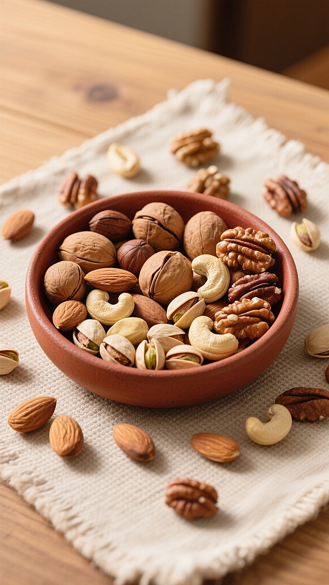 高清摄影风格，俯拍视角，浅棕色木质桌面上铺着一块浅米色粗麻布餐垫，中央放置一个红褐色粗陶碗，碗内及周围散落着多种混合坚果——包括完整的和开口的杏仁、腰果、核桃、碧根果、开心果，坚果外壳呈现自然的棕褐色、米黄色和浅棕色渐变，表面有细腻的纹理和高光反射，整体光影柔和，主光源来自斜上方，营造出温暖、质朴、自然的有机氛围，坚果布局改为碗内坚果呈环形均匀分布，碗沿一侧堆叠稍高，碗外坚果在餐垫边缘呈不规则散落状，保持原有的色彩和谐度与材质质感。