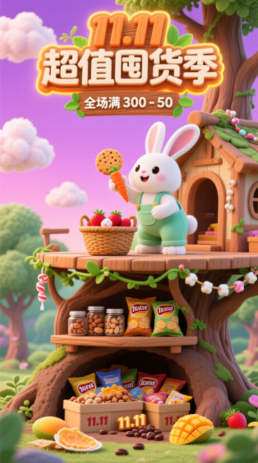 画面以 “童话森林树屋” 为核心场景，上半部分占比 2/3，背景是渐变粉紫的天空（缀着棉花糖质感的白云），3D 主标题 “11.11 超值囤货季” 采用木质纹理字体，边缘裹着橙黄光晕，标题下方用绿叶缠预览效果