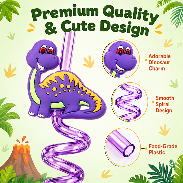 [主图-6] Dinosaur Spiral Straws 8 Pack Reusable Plastic Curly Straws with Cute Dinosaur Charms，产品细节特写图，展示恐龙公仔装饰和螺旋吸管的材质细节。
[统一基调] 童趣活泼恐龙主题风格，整体背景为柔和的浅薄荷绿渐变，点缀淡橙黄色恐龙脚印、棕榈叶、火山小图标等恐龙元素装饰；标题字色为深森林绿，辅助字色为暖橙色，强调色为明黄色；字体为圆润可爱的无衬线粗体；卡片和图标均为圆角设计，全套保持统一视觉语言。
[画面] 画面主体是一根紫色剑龙造型的恐龙螺旋吸管的放大特写，占据画面中央偏左位置，占比约60%。重点展示：1) 恐龙公仔装饰的细节——可爱的卡通表情、圆润的造型、鲜艳的颜色；2) 螺旋吸管部分的透明塑料质感和光泽；3) 吸管的光滑边缘和做工。画面右侧有2-3个圆形局部放大窗口，分别放大展示恐龙公仔的脸部细节、螺旋纹理细节、吸管口的光滑边缘。背景是浅薄荷绿渐变，点缀小恐龙脚印和棕榈叶装饰。
[光影质感] 商业产品微距摄影质感，柔和侧光突出材质细节，塑料吸管有通透光泽和高光，恐龙公仔表面光滑有立体感，细节清晰锐利。
[配色] 背景浅薄荷绿渐变，产品本身色彩鲜艳，文字和图标延续深绿+橙黄的统一色系。
[文字版式] 画面顶部大标题"Premium Quality & Cute Design"，深绿色圆润粗体；每个放大窗口旁有小字标签："Adorable Dinosaur Charm"、"Smooth Spiral Design"、"Food-Grade Plastic"，暖橙色。文字放在负空间，不遮挡产品主体。
[输出要求] 1:1正方形比例，2K分辨率，产品细节清晰锐利，材质质感真实，文字清晰无错字，无水印无平台Logo，全英文，风格统一。