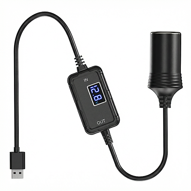 [Main Image 1] Pure white background #FFFFFF, the product is USB to car cigarette lighter boost cable with digital display, product appearance must be 100% consistent with the user-provided product image, product centered on the picture, product occupies more than 85% of the picture, 1:1 square, 2K resolution, technology sense, clear focus, no any text, no any decorative border, comply with cross-border e-commerce platform main image specification