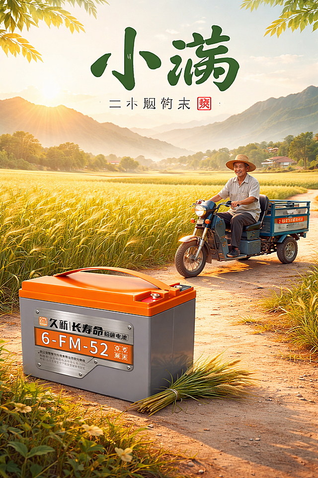 一张中国二十四节气“小满”主题的商业海报，竖构图，正面视角。整体色调温暖清新，充满初夏的田野气息。远景：连绵的远山，山形柔和，笼罩在薄薄的晨雾中，天空是浅浅的蓝白色，太阳刚刚升起，洒下金黄色的暖光。中景：一大片正在灌浆的绿色麦田，麦浪随风微微起伏，麦穗渐黄，充满生机。麦田中隐约可见几棵稀疏的树，远处有小小的村庄轮廓。前景：乡村田埂土路，路上有一位面带笑容的农民伯伯，戴草帽，穿浅色短袖衬衫和深色长裤，正侧身骑着一辆深蓝色的三轮电动车。三轮车侧面视角，车厢上贴着品牌标识“久新长寿命铅碳电池”字样。田埂地上放着一只大电池，就是参考图里的久新6-FM-52长寿命铅碳电池。电池旁边有一束麦穗作为点缀。细节与氛围：清晨的柔和侧逆光，让农民伯伯和三轮车轮廓有一层暖边光。地上电池带有微反光，体现科技感与耐用感。整体风格：写实商业插画，4K，高细节，温馨自然。