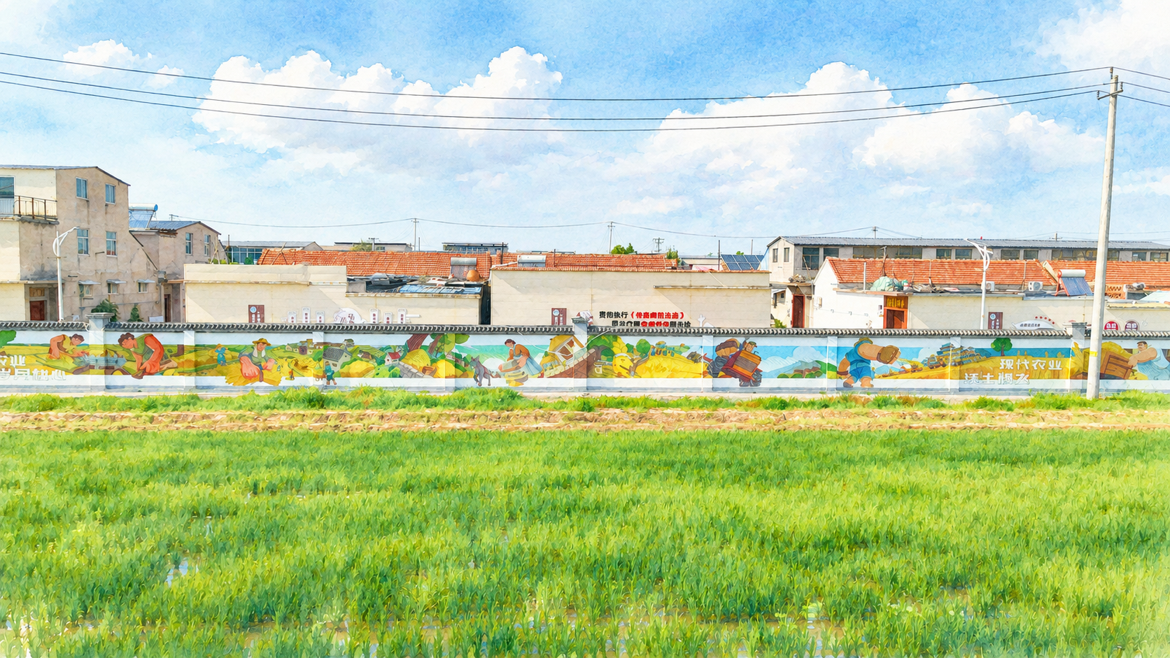 将这张乡村稻田墙绘风景图转换为手绘水彩插画风格，保持画面所有细… - 图片创意预览