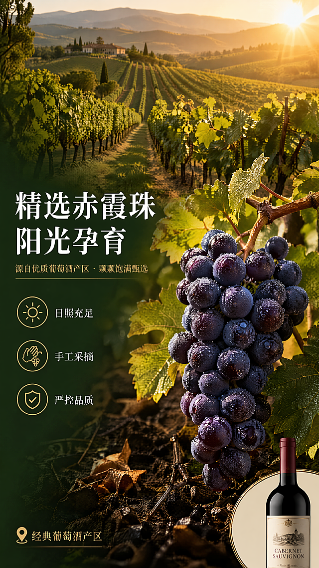 [第2张] 详情页产地原料专张-赤霞珠葡萄产区与原料品质展示。本张为成分/产地专张，不使用产品图作为主视觉，仅右下角小图露出酒瓶。
[氛围/风格] 阳光葡萄园自然氛围，温暖金色调，写实摄影质感，突出原料天然优质。
[元素布局] 画面上半部分为大片阳光下的葡萄园实景，成排葡萄藤延伸至远方山丘，占画面约50%；中部特写一串饱满深紫色赤霞珠葡萄挂在藤上，带水珠，占画面约30%；底部为深色土壤与葡萄叶细节；右下角圆形小图露出红酒瓶剪影作产品关联；左侧为文字信息区。
[光影质感] 午后金色阳光从右上方斜射，葡萄颗粒高光透亮，叶片脉络清晰，整体温暖通透，光影层次丰富。
[配色色系] 全局底色 #2D4A1E 深绿渐变过渡至金色阳光；主色深紫葡萄+金色阳光；辅助色绿色藤叶、暖棕土壤。
[视角构图] 上远景下特写的纵向构图，阅读动线顶部产地图 → 中部葡萄特写 → 左侧文字说明。
[文字版式] 左侧纵向排列文字。主标题「精选赤霞珠 阳光孕育」，白色衬线粗体；副标题「源自优质葡萄酒产区 · 颗颗饱满甄选」，浅金色小字；下方三条卖点配金色小图标：「日照充足」「手工采摘」「严控品质」，每条不超过8字；底部产地小字「经典葡萄酒产区」。文字清晰可读，不遮挡葡萄主视觉。
[比例分辨率] 9:16 竖版比例，4K 分辨率，文字清晰可辨，高清画质。
[负向提示词] 变形，水印，文字错乱，文字过小，葡萄不真实，背景杂乱，产品图模糊。
