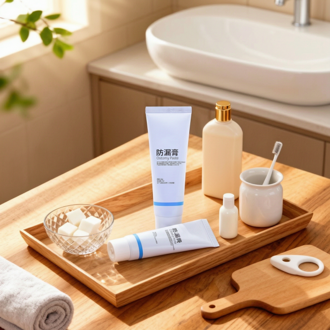 移除图中的加湿器，将第二张图的防漏膏产品放置在此位置，保持产品比例与旁边白色瓶子一致，放置一个竖放的防漏膏，在下方添加一个横放的防漏膏，保持图片整体构图、光线、风格与原图一致，保持原图片比例不变预览效果