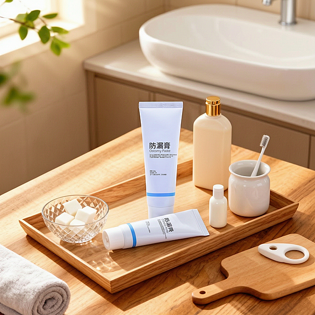 移除图中的加湿器，将第二张图的防漏膏产品放置在此位置，保持产品比例与旁边白色瓶子一致，放置一个竖放的防漏膏，在下方添加一个横放的防漏膏，保持图片整体构图、光线、风格与原图一致，保持原图片比例不变