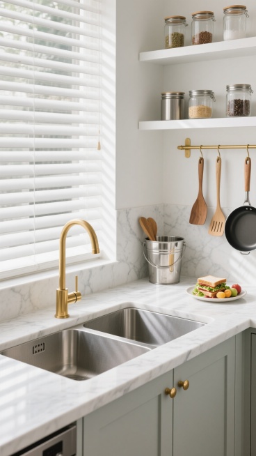 现代简约风格厨房，白色大理石台面搭配浅灰色橱柜，黄铜色五金件点缀，自然光透过百叶窗形成光影条纹，窗台下是双槽黄铜水龙头水槽，右侧台面摆放不锈钢桶（内含木质锅铲）、金属挂杆悬挂木柄厨具，上方白色搁板陈列玻璃罐调料和金属储物罐，台面上有一盘三明治和水果沙拉，整体干净明亮、整洁有序，营造温馨实用的烹饪空间氛围。预览效果