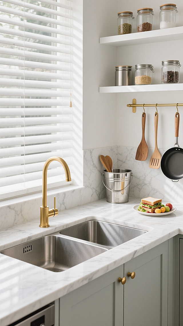 现代简约风格厨房，白色大理石台面搭配浅灰色橱柜，黄铜色五金件点缀，自然光透过百叶窗形成光影条纹，窗台下是双槽黄铜水龙头水槽，右侧台面摆放不锈钢桶（内含木质锅铲）、金属挂杆悬挂木柄厨具，上方白色搁板陈列玻璃罐调料和金属储物罐，台面上有一盘三明治和水果沙拉，整体干净明亮、整洁有序，营造温馨实用的烹饪空间氛围。