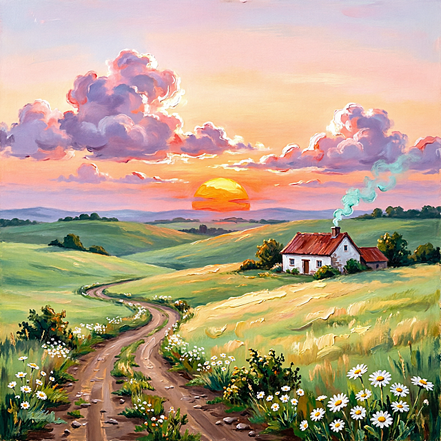 画面呈现温暖的夕阳下蜿蜒土路与乡间白屋，色彩柔和治愈，充满自然气息。适合用作家居装饰、旅行心情分享或放松类内容的配图素材。
