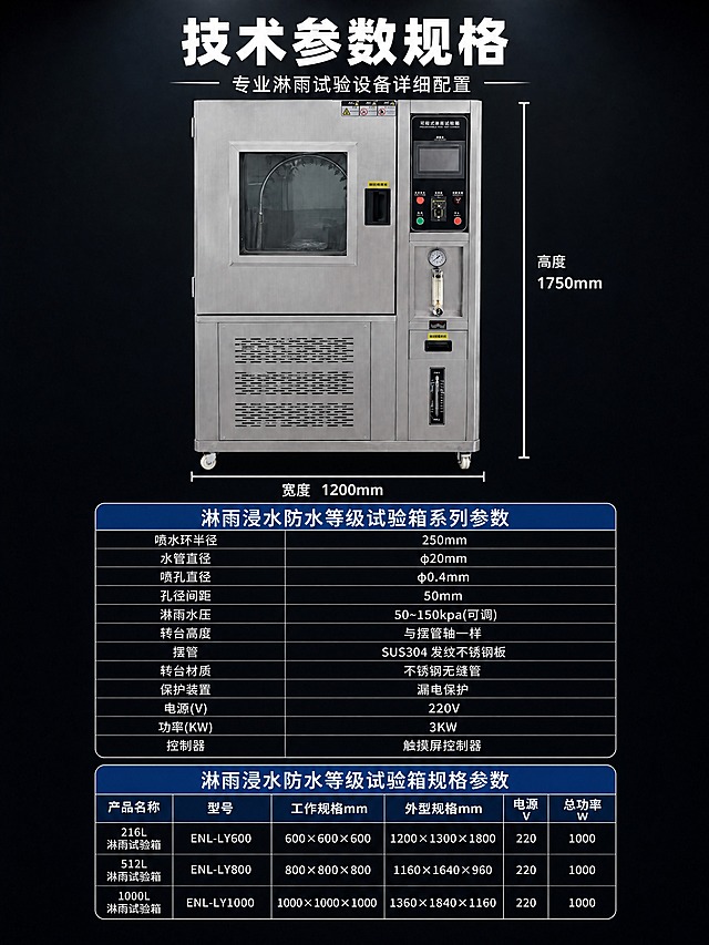 [商品] 使用【图3】可程式淋雨试验箱；保留产品完整结构、比例、不锈钢材质、控制面板、显示屏、按钮、仪表、铭牌文字、警示标贴、观察窗、散热格栅、万向轮等所有部件，商品本体文字和图案完全不变，不做任何修改。
[画面] 目标：黑色系技术参数规格页，保留原图所有产品、文字信息、图标、排版布局和尺寸完全不变，仅将整体色调替换为黑色系列。上方产品图配尺寸标注线，中间第一张参数表，下方第二张参数表。背景为深黑色渐变，顶部有微弱冷光效果，整体简洁专业。
[视觉] 套系策略：风格=黑色系高端工业科技商业摄影；标题字=粗黑体厚重方正；正文字=简洁无衬线体；主色=纯黑/深炭黑；背景延展=基于深黑色做明暗层级、同色渐变和细腻金属/玻璃质感；强调色=冷银白/浅灰蓝，仅用于小面积图标、引线、标签和局部光效；标题色=纯白色；正文色=浅银灰色；组件=深灰黑底参数表格、白色表格线、蓝色表头、尺寸标注线；光影=顶部冷白均匀光，产品清晰展示。
[文字] 顶部大标题「技术参数规格」白色粗体大字，副标题「专业淋雨试验设备详细配置」浅灰色小字；产品右侧标注「高度 1750mm」白色文字，产品下方标注「宽度 1200mm」白色文字，尺寸线为白色细线。第一张表格标题「淋雨浸水防水等级试验箱系列参数」白色文字配深蓝色表头底；表格内参数：喷水环半径250mm、水管直径φ20mm、喷孔直径φ0.4mm、孔径间距50mm、淋雨水压50~150kpa(可调)、转台高度与摆管轴一样、摆管SUS304发纹不锈钢板、转台材质不锈钢无缝管、保护装置漏电保护、电源(V)220V、功率(KW)3KW、控制器触摸屏控制器。第二张表格标题「淋雨浸水防水等级试验箱规格参数」白色文字配深蓝色表头底；列名：产品名称、型号、工作规格mm、外型规格mm、电源V、总功率W；三行数据：216L淋雨试验箱 ENL-LY600 600×600×600 1200×1300×1800 220 1000；512L淋雨试验箱 ENL-LY800 800×800×800 1160×1640×960 220 1000；1000L淋雨试验箱 ENL-LY1000 1000×1000×1000 1360×1840×1160 220 1000。表格背景为深灰黑色，文字为白色/浅灰色，表头为深蓝色底白字。所有文字内容、位置、排版完全不变，仅颜色随黑色背景调整。
[规格] 图片比例3:4竖版，分辨率4K，quality=medium，避免变形、错字、文字乱码、文字过小、产品结构改变、颜色偏差、暖色调、黄/橙/红背景、产品部件缺失、铭牌文字错乱、表格错位、参数错误。