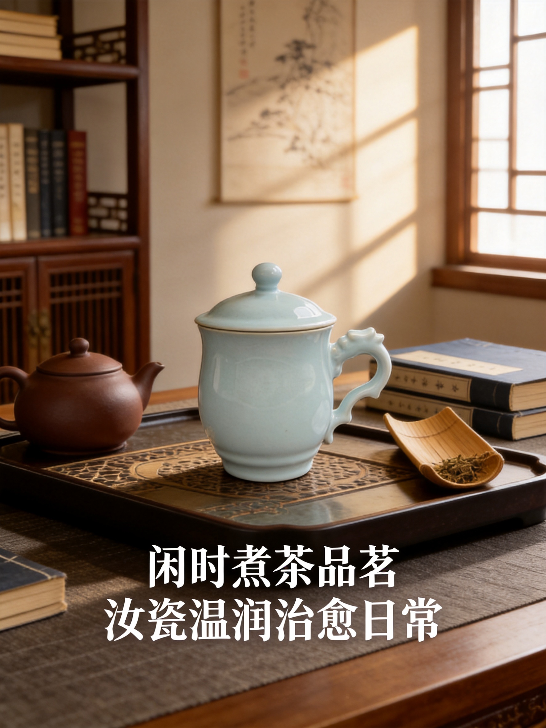 书房茶室场景图，竖版3:4比例。汝瓷天青釉龙头办公杯置于中式茶… - 图片创意预览