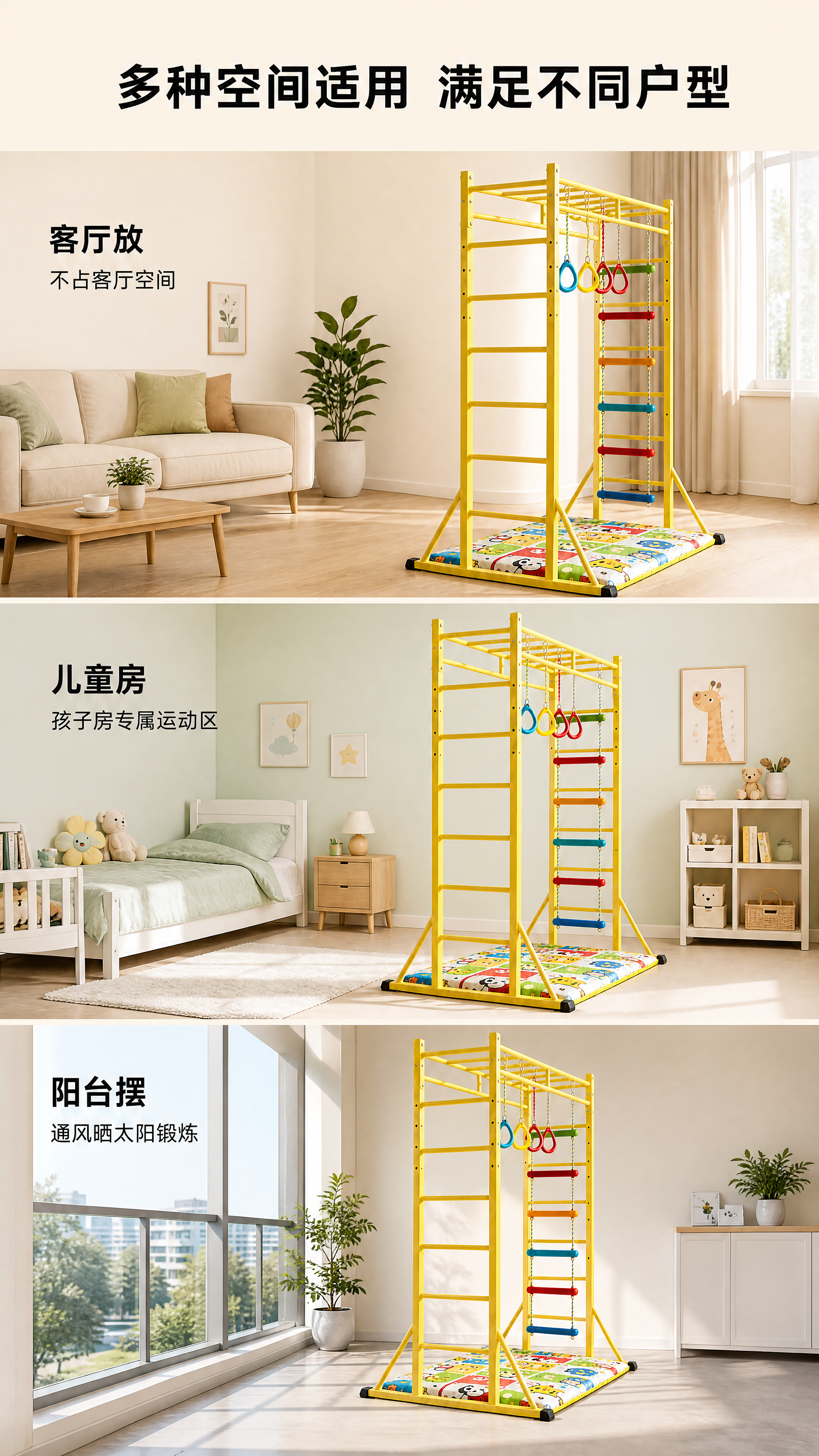 [第6屏] 多场景适用性拼图展示，展示攀爬架在不同家庭空间的使… - 图片创意预览