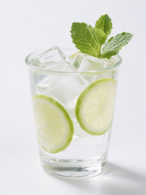 一杯高品质透明玻璃杯装的清爽饮料，杯中是纯净透明的液体，内含多块棱角分明、晶莹剔透的冰块，几片新鲜青柠切片错落有致地悬浮其中，杯口斜插着几片嫩绿饱满的薄荷叶，整体置于纯白色背景上，光线明亮柔和，高清晰度，写实主义风格，突出饮料的纯净质感与清新氛围。预览效果