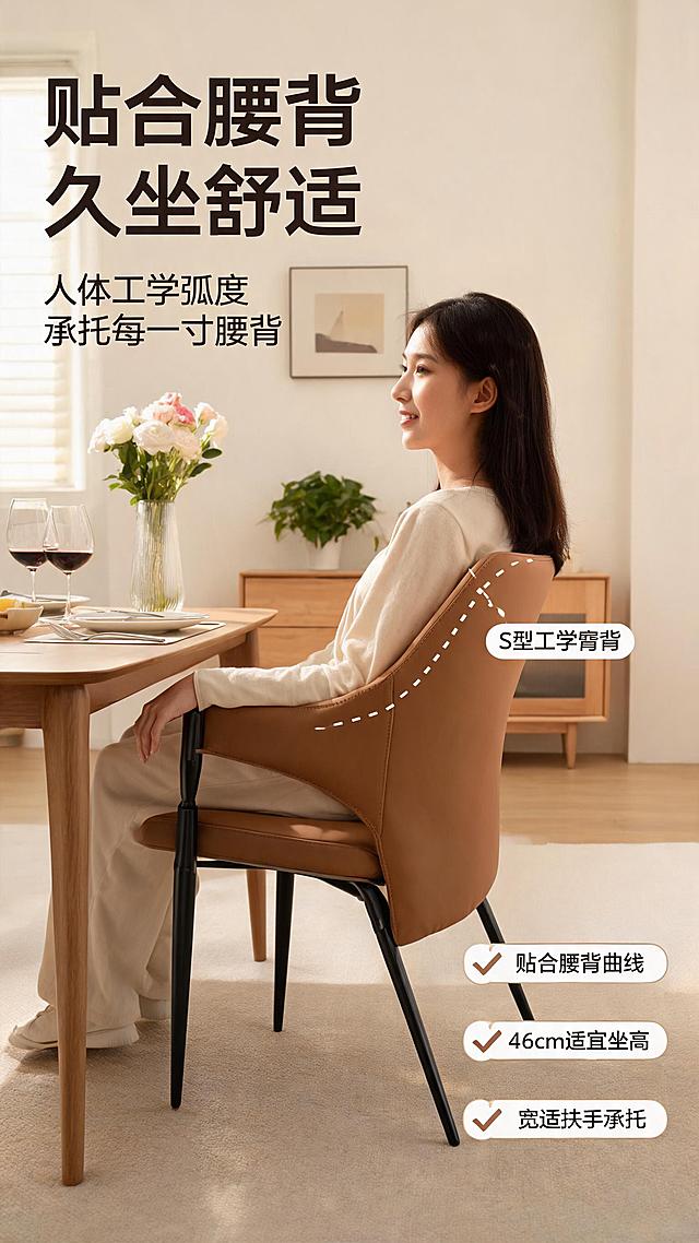[第5张] 详情页舒适体验页-模特坐姿使用人体工学展示。本张使用【图1】中橙色款餐椅作为商品主体。
[氛围/风格] 温馨居家生活方式风，自然舒适，生活化商业摄影质感。
[元素布局] 年轻女性模特侧身坐在橙色餐椅上，姿态放松自然，手搭扶手，背部轻靠椅背，展示正确坐姿与舒适度；餐椅与模特位于画面中央偏右，占比约50%；场景为温馨餐厅，餐桌上摆放鲜花、餐具、红酒杯，背景有餐边柜、装饰画、绿植；餐椅结构、颜色、材质与输入产品图一致；靠背处叠加人体工学弧线示意。
[光影质感] 左侧窗边暖调自然光，右侧柔和补光，整体光线明亮温暖，人物与产品光影自然，皮质表面有柔和光泽。
[配色色系] 全局底色 #F8F4EF（暖米白）；主色橙色餐椅+暖木色；辅助色米白墙面、绿色植物、浅灰软装。
[视角构图] 45°侧面视角，景深适中，阅读动线左上标题→中部人物餐椅→右下体验卖点。
[文字版式] 左上标题+中部场景+右下体验标签版式。左上主标题「贴合腰背 久坐舒适」，副标题「人体工学弧度 承托每一寸腰背」；画面中靠背处有虚线弧线标注「S型工学靠背」；右下角三个体验标签「贴合腰背曲线」「46cm适宜坐高」「宽适扶手承托」。
[比例分辨率] 9:16 竖版比例，2K分辨率，文字清晰可辨，高清画质。
[负向提示词] 椅身变形，人物比例失调，颜色偏差，水印，文字错乱，产品模糊，背景杂乱。