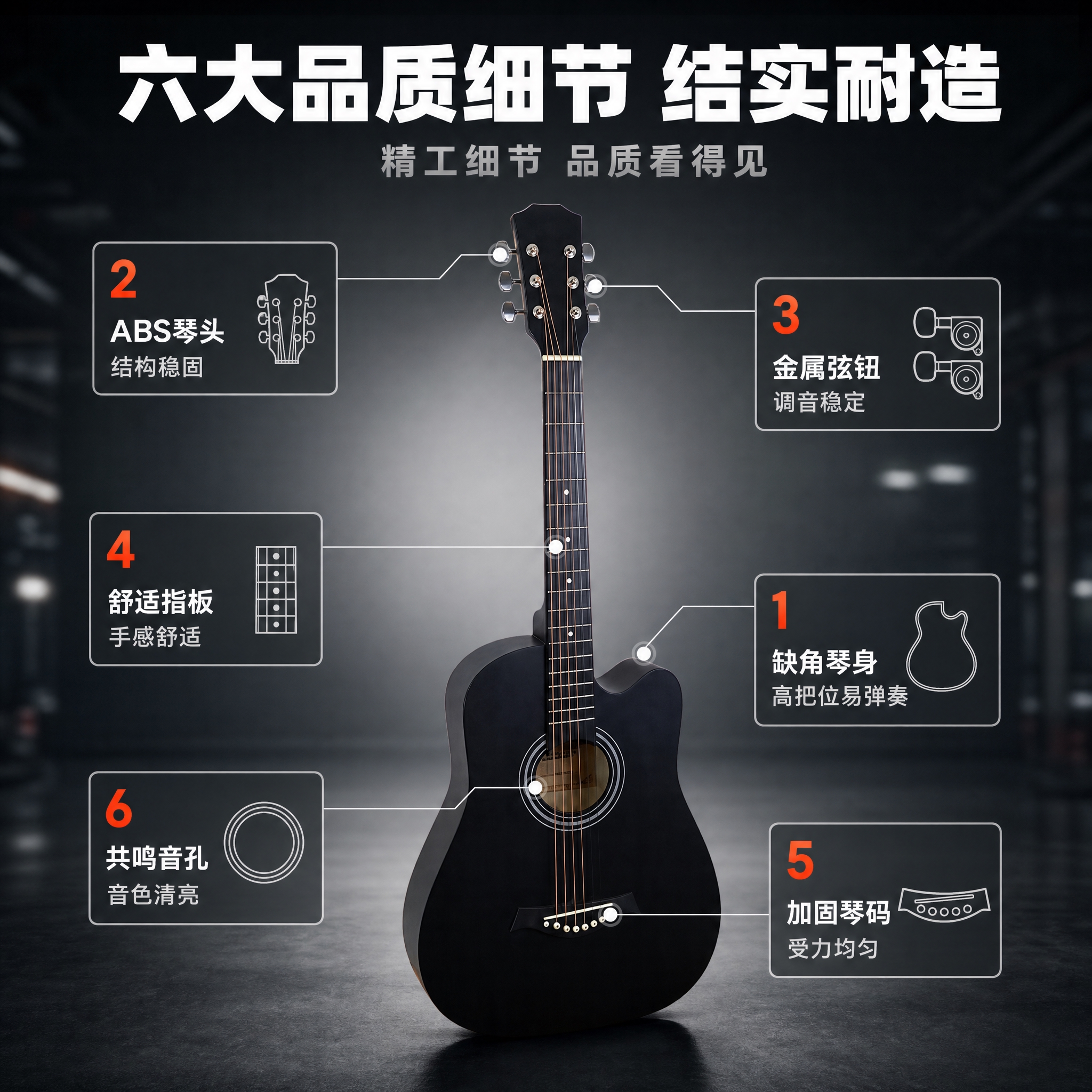 [主图-2] 六大品质细节结构图 38寸缺角民谣木吉他 结实耐… - 图片创意预览