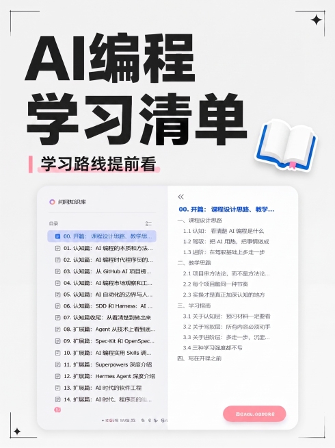 在原图基础上，将顶部大标题从“AI编程课程目录分享”修改为“AI编程学习清单”，保持其余排版、元素、风格和文字不变，保持黑色粗体大字体的设计不变预览效果