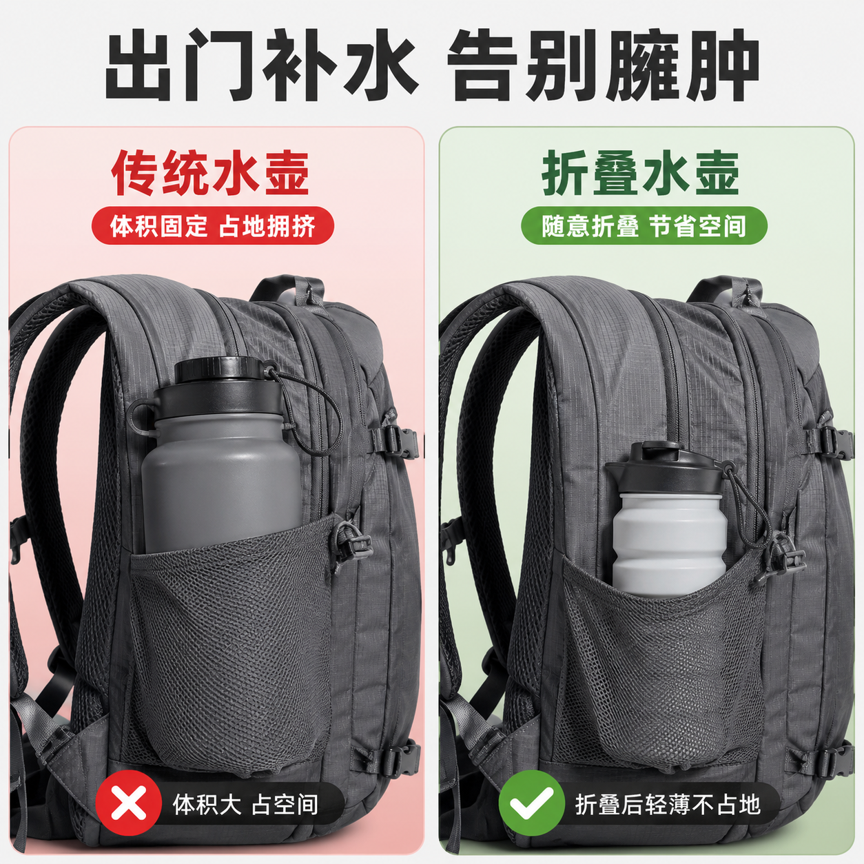 [第2屏] 本屏功能定义：折叠水壶痛点解决对比，展示传统户外水… - 图片创意预览